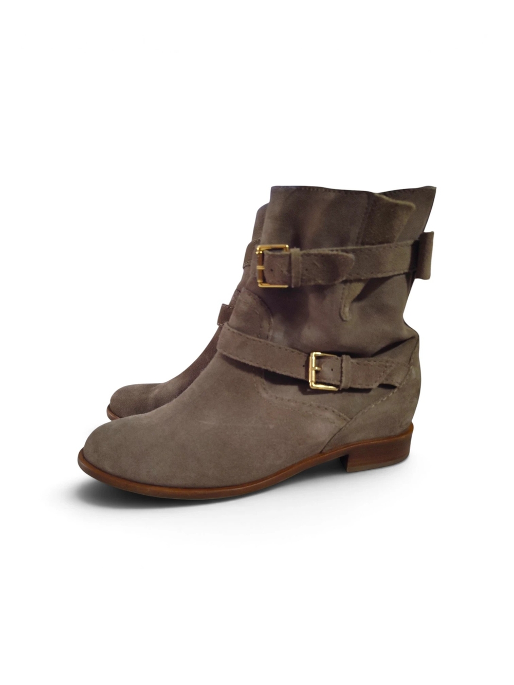 Kate Spade New York "Sabina" Moto Boots Taupe Brown Buckle Straps Bow Size 10 - Picture 4 of 11